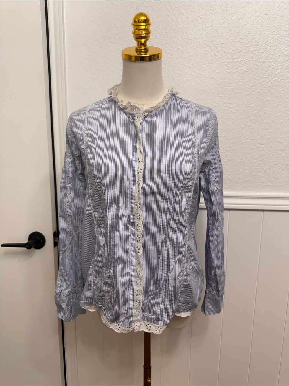 Zara Light Blue and White Striped Lace-Trim Button Down Shirt